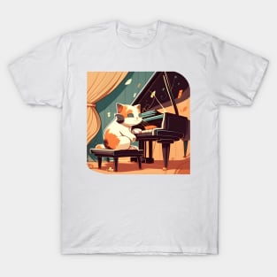 Cute Cat Kitty Playing Keyboard Piano Funny Player T-Shirt